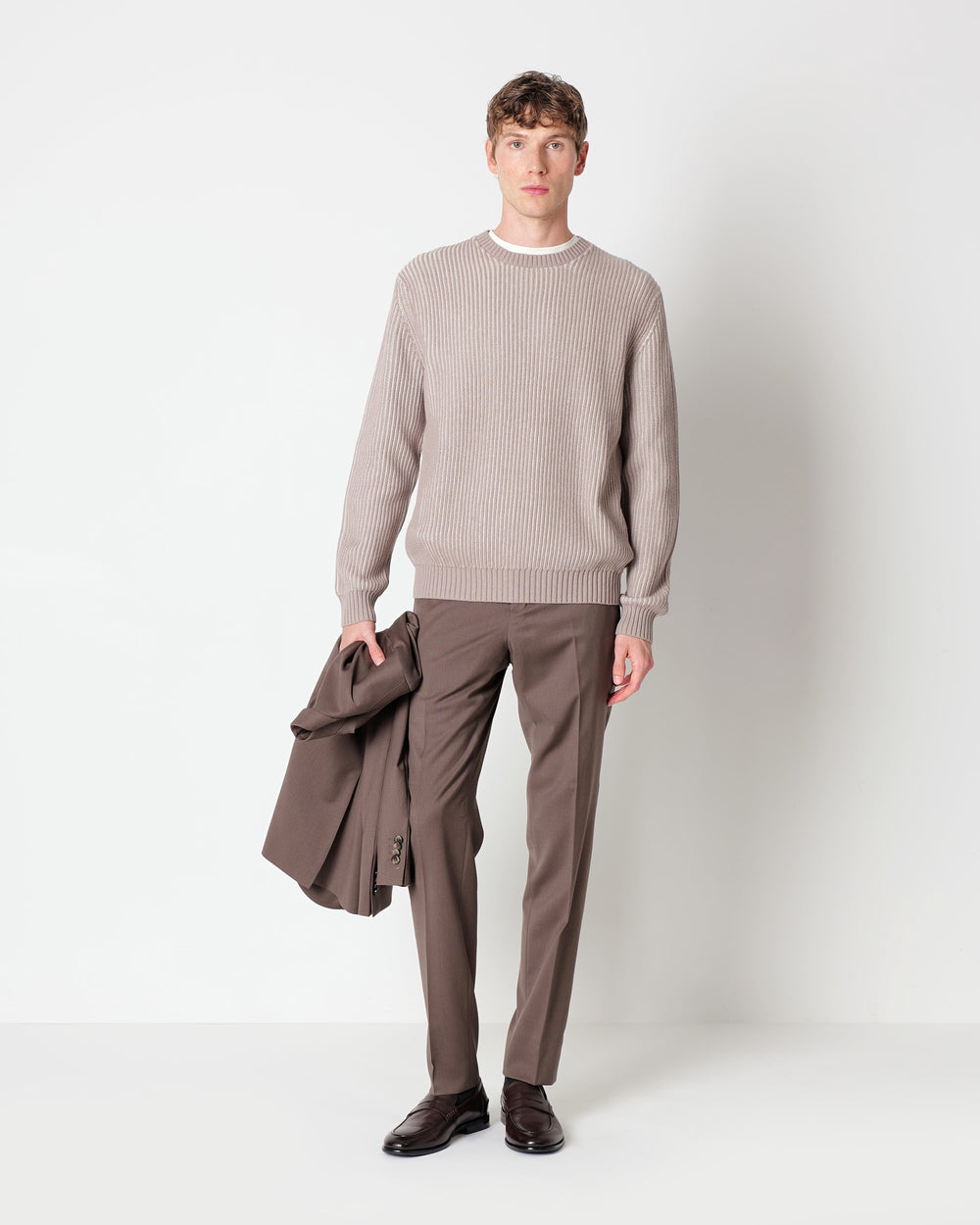 beige wool blend crew neck jumper with a faded english rib knit