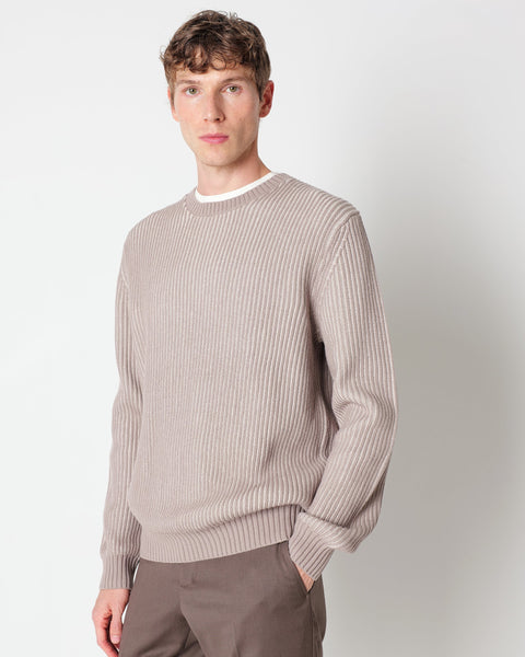 beige wool blend crew neck jumper with a faded english rib knit
