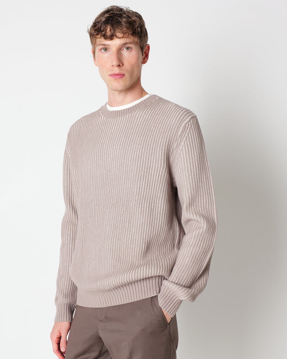 beige wool blend crew neck jumper with a faded english rib knit