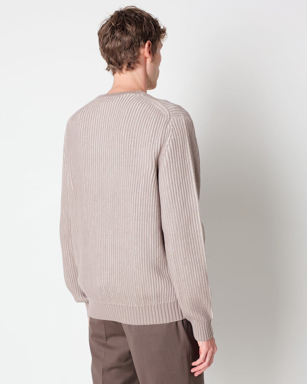 beige wool blend crew neck jumper with a faded english rib knit