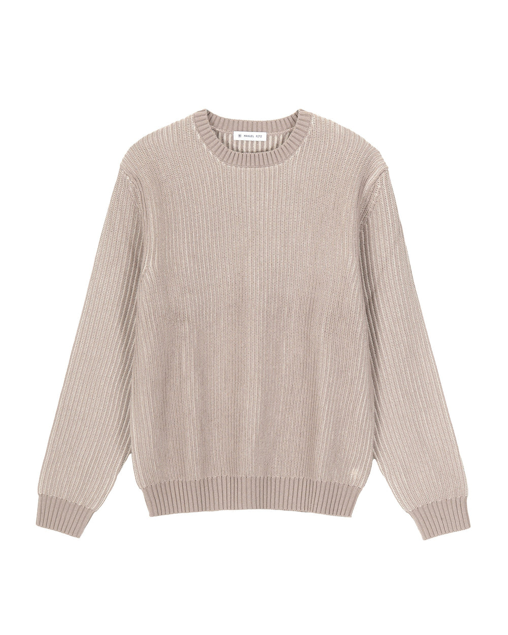 beige wool blend crew neck jumper with a faded english rib knit