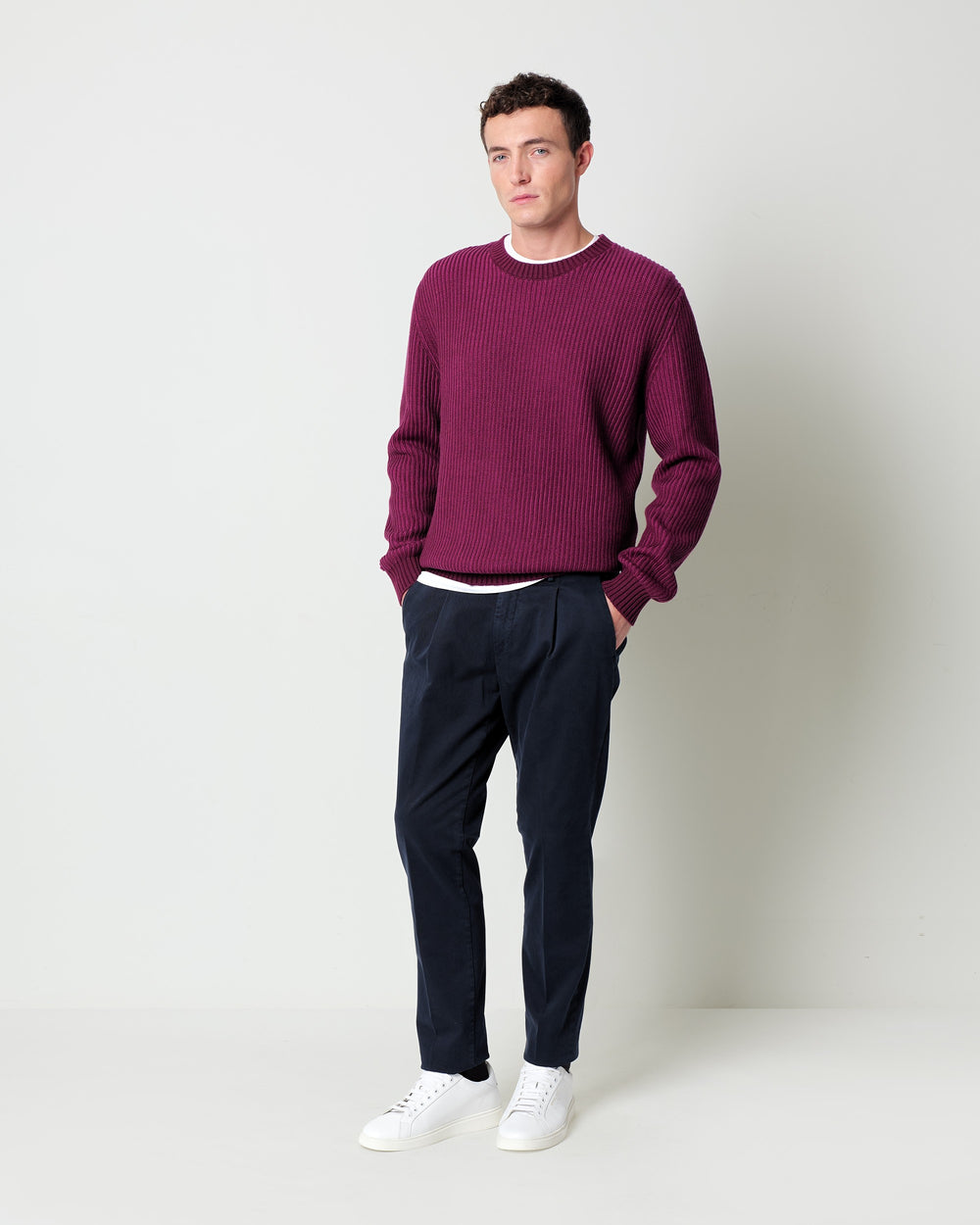 wool blend crew neck jumper with a faded english rib knit