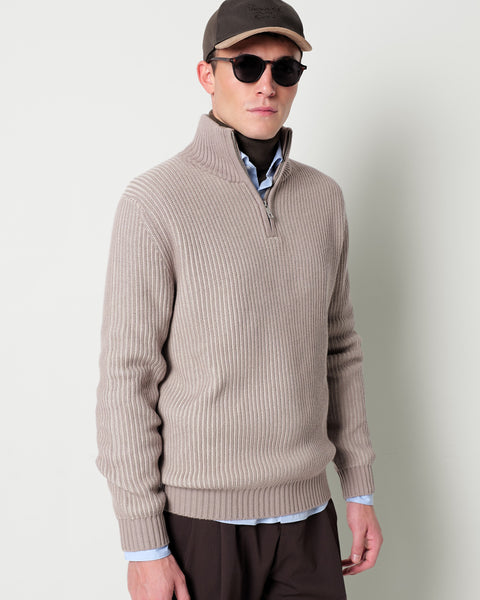 half zip wool blend jumper with a faded english ribbed