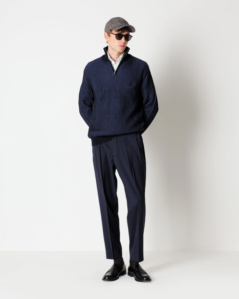 blue half zip wool blend jumper with a faded english ribbed