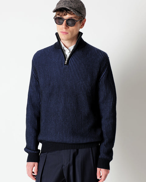 blue half zip wool blend jumper with a faded english ribbed