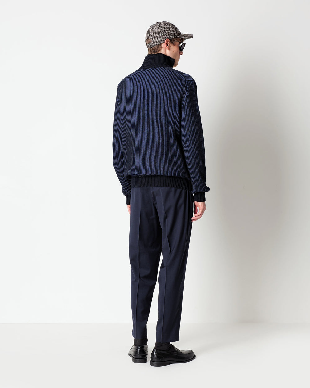 blue half zip wool blend jumper with a faded english ribbed