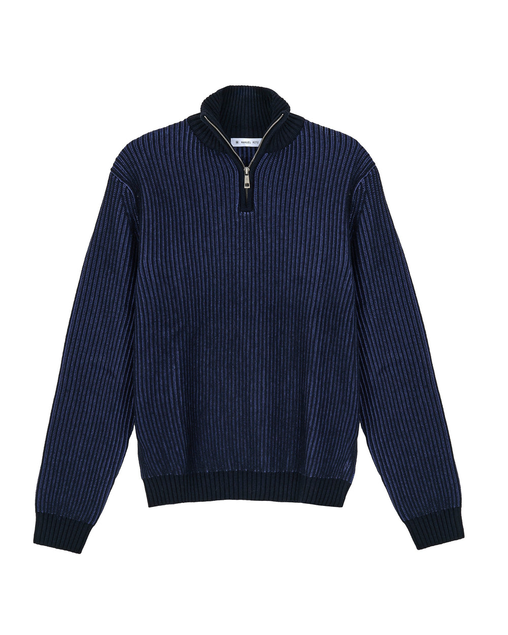 blue half zip wool blend jumper with a faded english ribbed