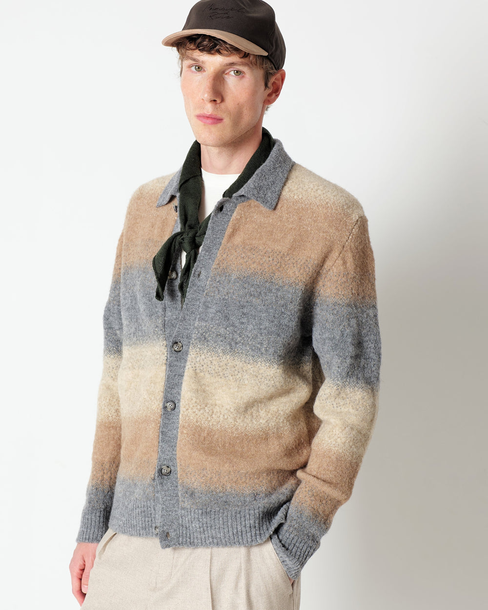 gray stretch wool blend degrade` polo cardigan
