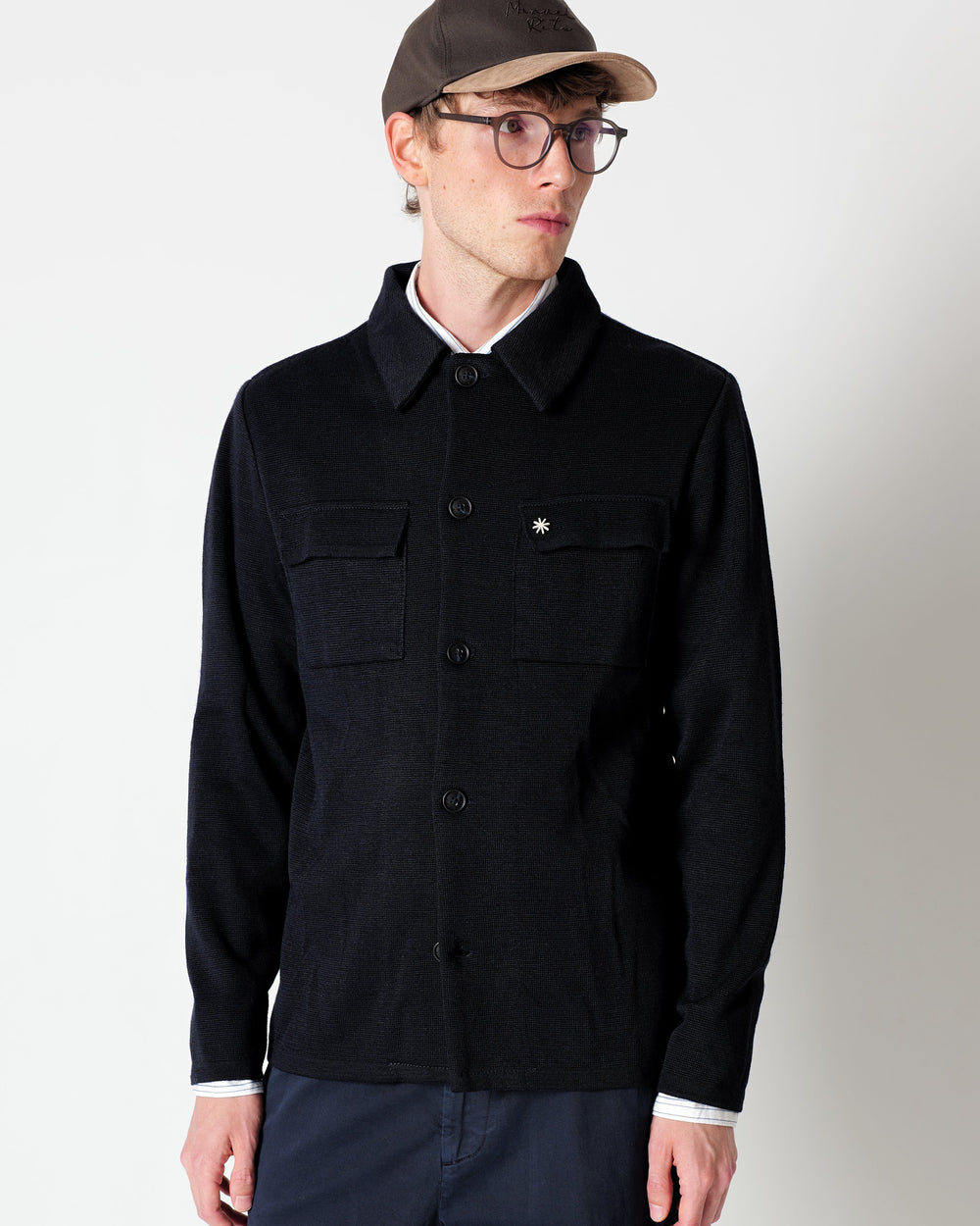 blue wool blend knitted overshirt