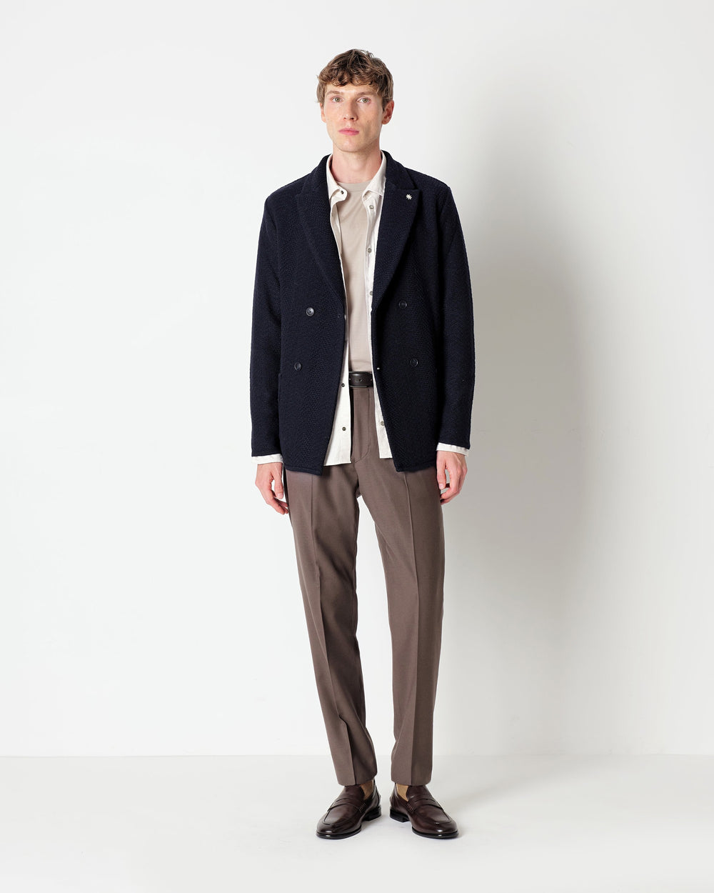 blue double breasted chevron patterned wool blend knit jacket