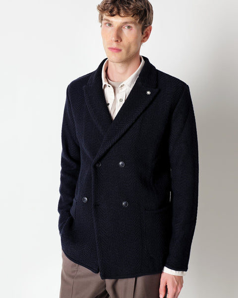 blue double breasted chevron patterned wool blend knit jacket