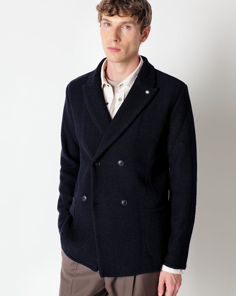 blue double breasted chevron patterned wool blend knit jacket