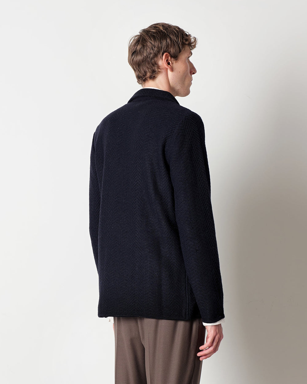 blue double breasted chevron patterned wool blend knit jacket