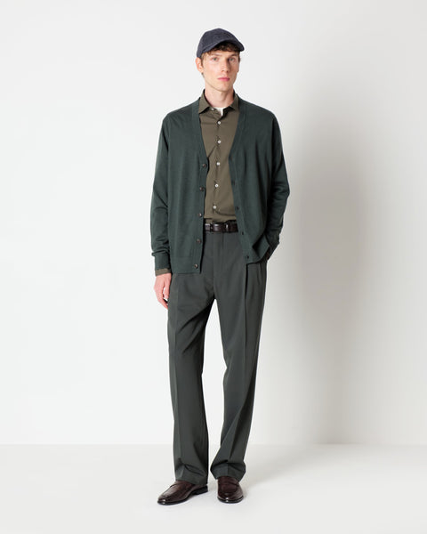 green relaxed fit double pleats trousers in wool blend twill