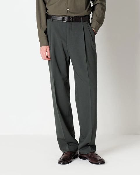 green relaxed fit double pleats trousers in wool blend twill