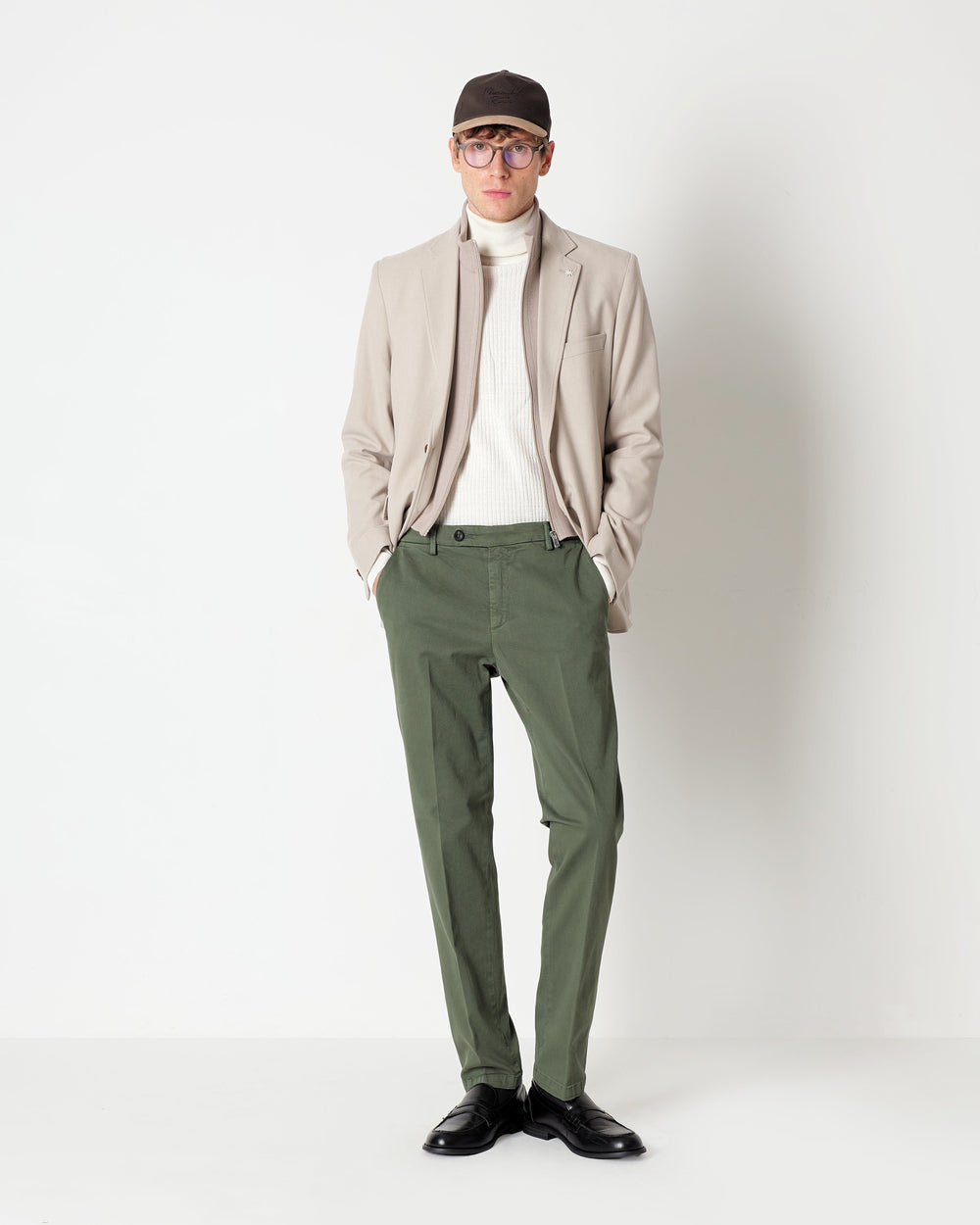 green slim fit stretch cotton twill trousers