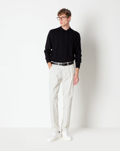 white stretch cotton twill trousers with pleats