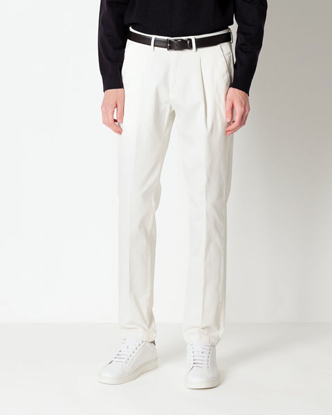 white stretch cotton twill trousers with pleats