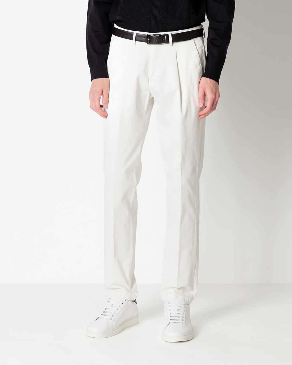 white stretch cotton twill trousers with pleats