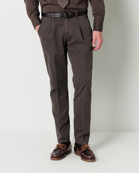 stretch cotton twill trousers with pleats