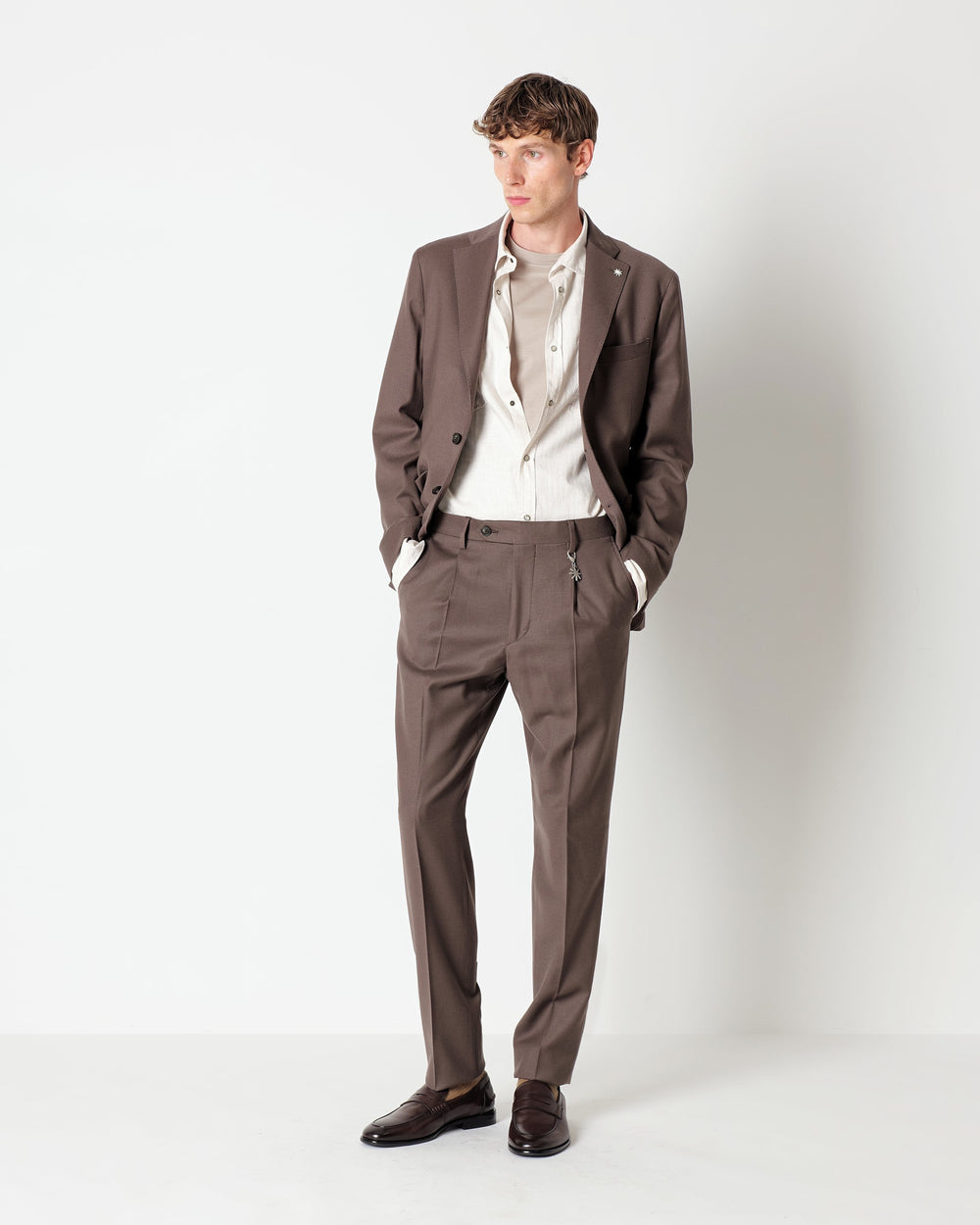 brown stretch wool flannel trousers with pleats