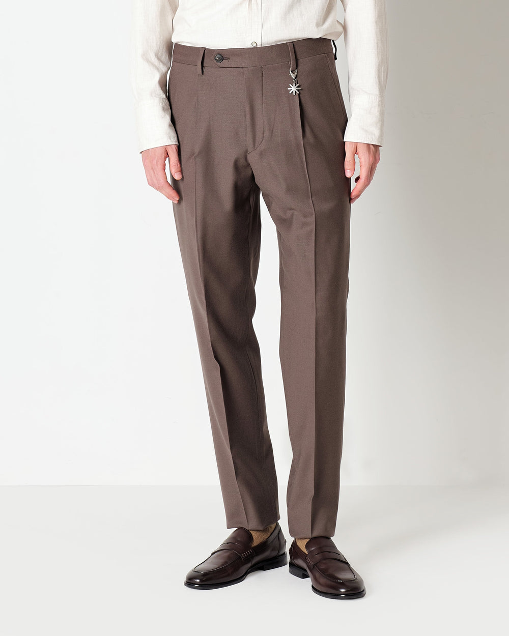 brown stretch wool flannel trousers with pleats