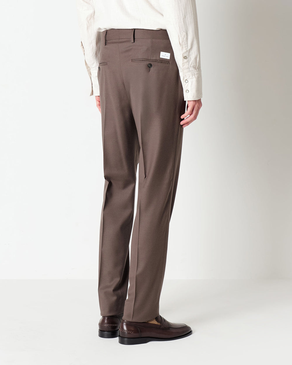 brown stretch wool flannel trousers with pleats