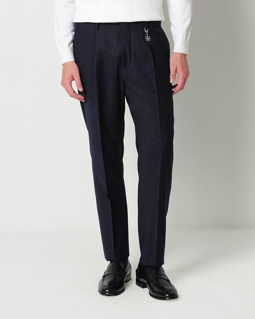 stretch wool flannel trousers with pleats