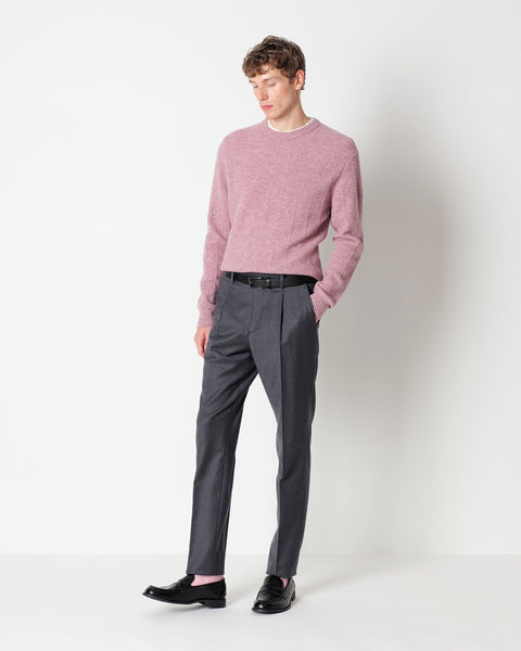 gray stretch wool flannel trousers with pleats