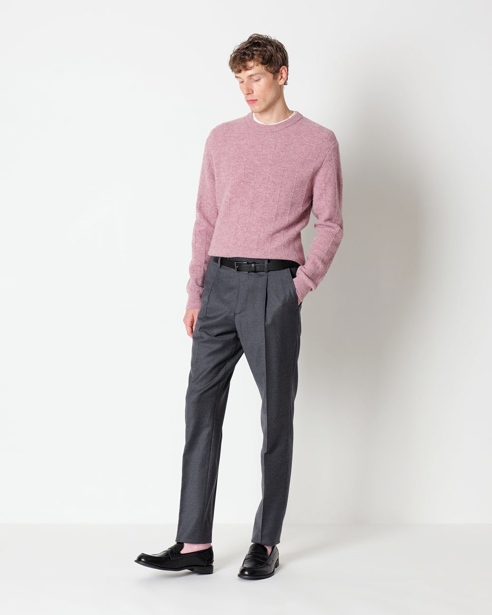 gray stretch wool flannel trousers with pleats
