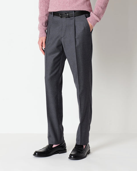 gray stretch wool flannel trousers with pleats