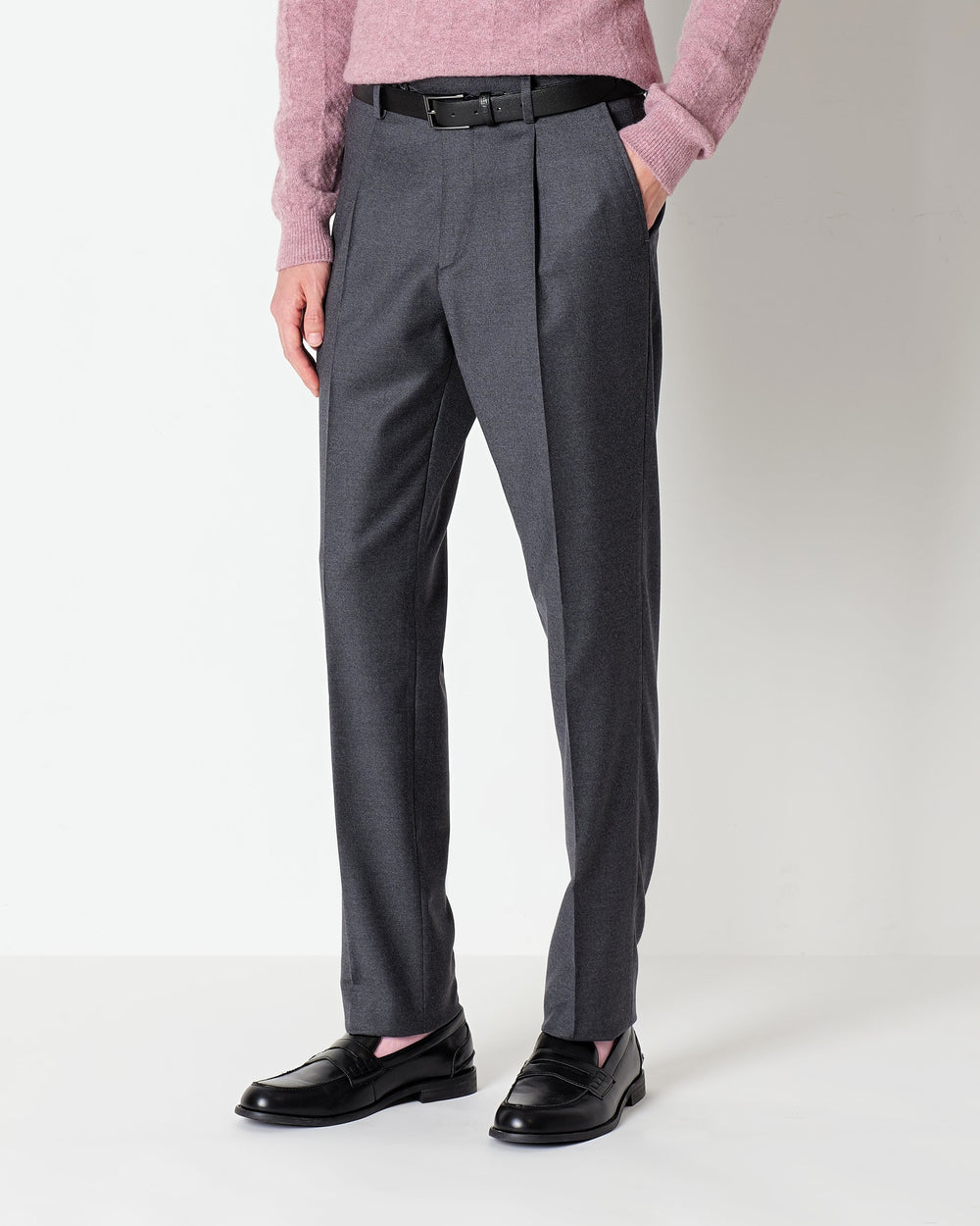 gray stretch wool flannel trousers with pleats