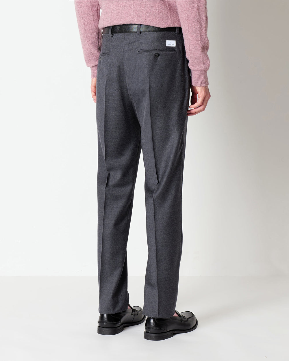 gray stretch wool flannel trousers with pleats