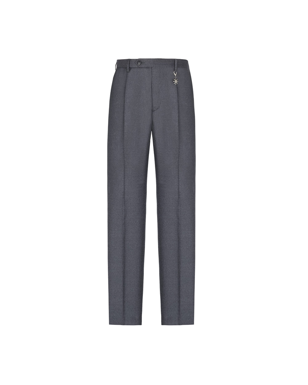 gray stretch wool flannel trousers with pleats
