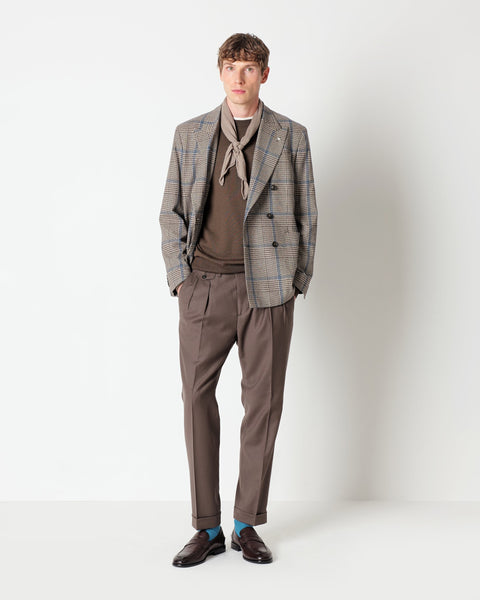 brown double pleat stretch wool flannel trousers