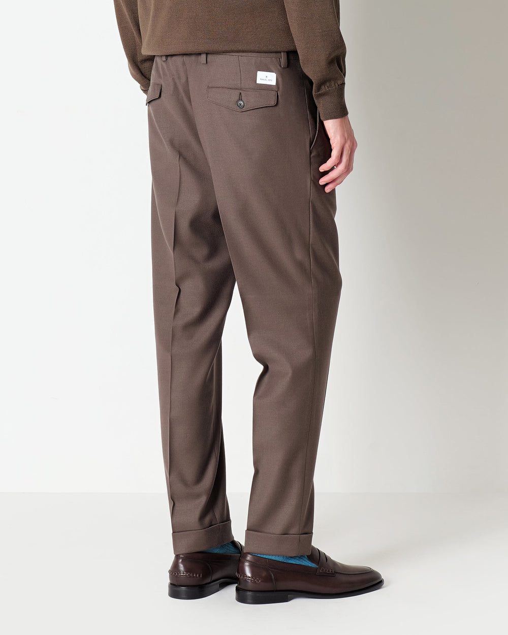 brown double pleat stretch wool flannel trousers