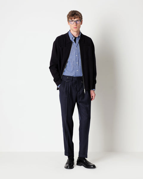 blue double pleat stretch wool flannel trousers