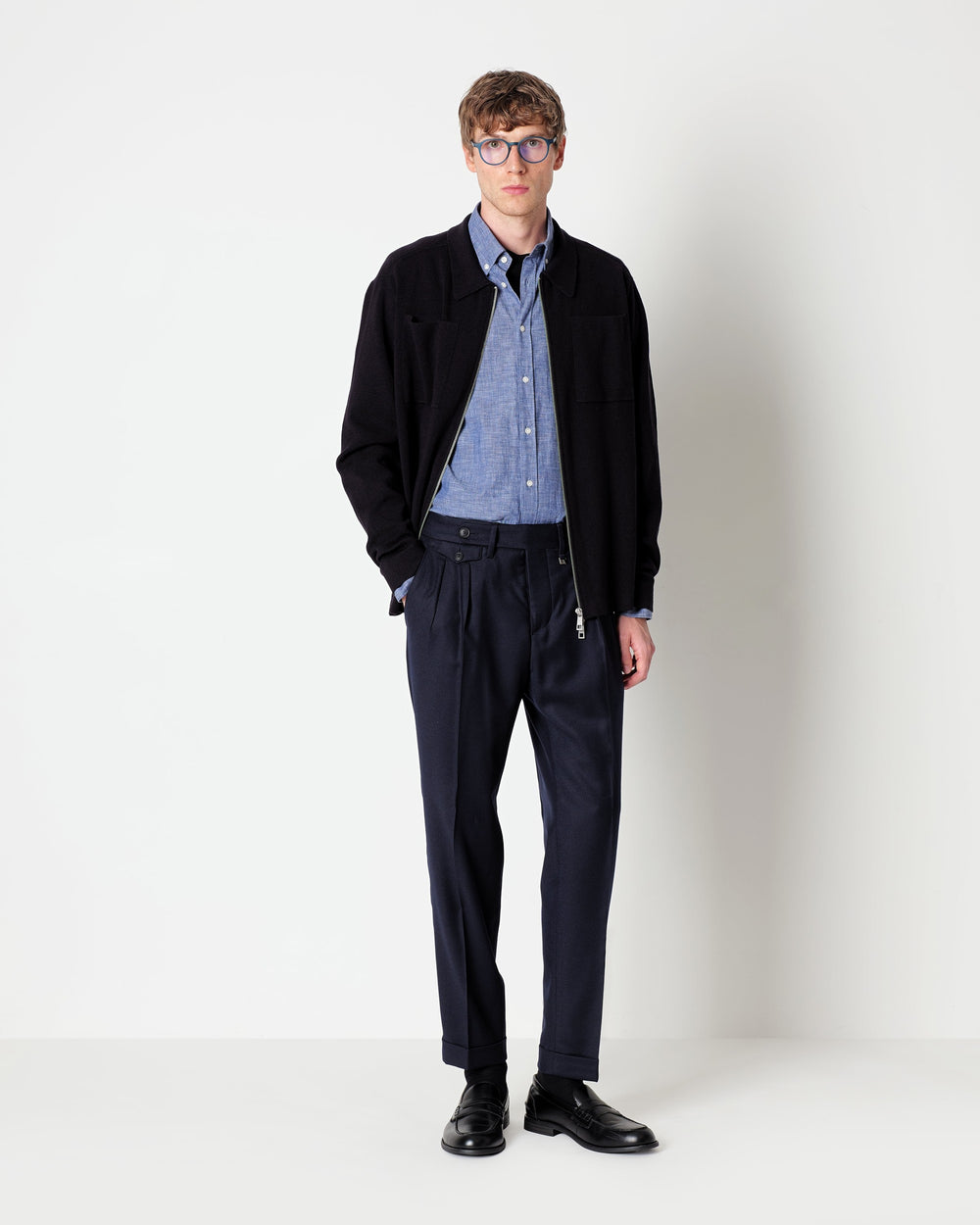 blue double pleat stretch wool flannel trousers