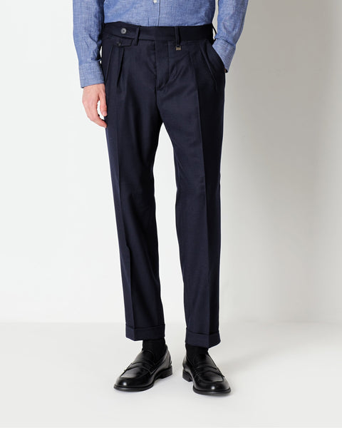 blue double pleat stretch wool flannel trousers