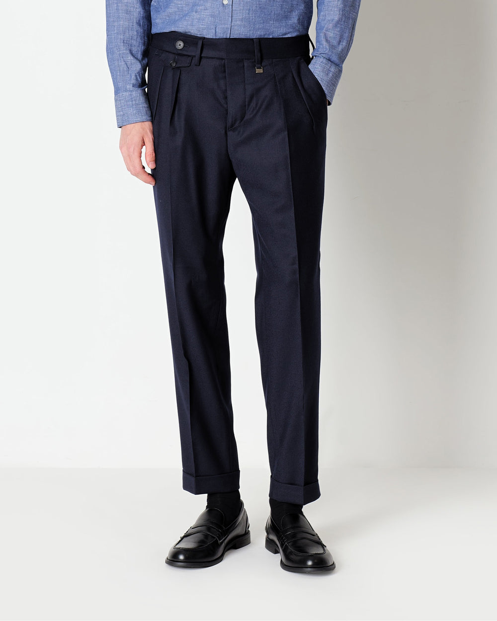 blue double pleat stretch wool flannel trousers