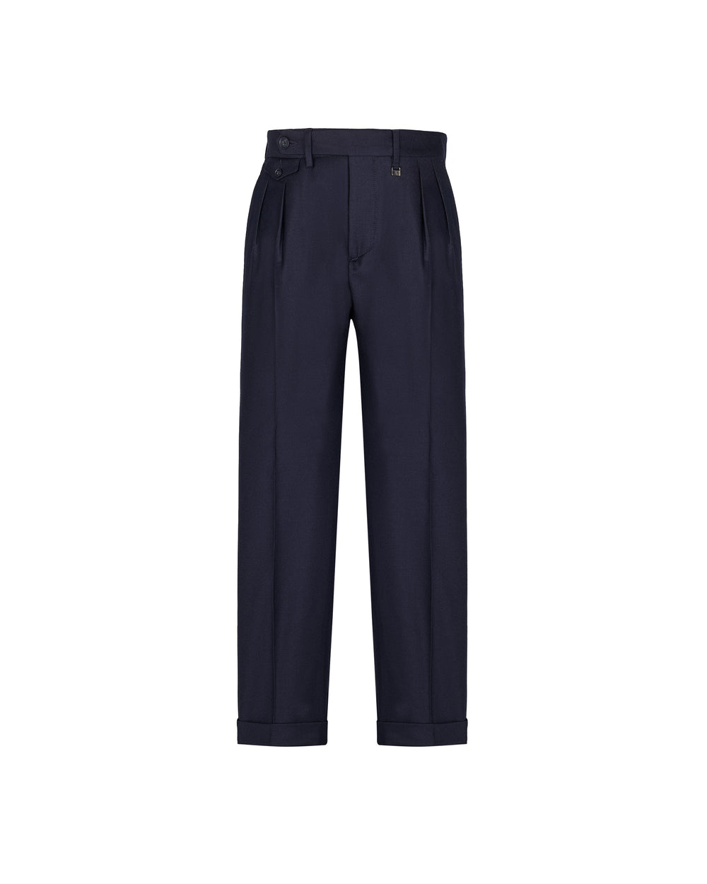 blue double pleat stretch wool flannel trousers
