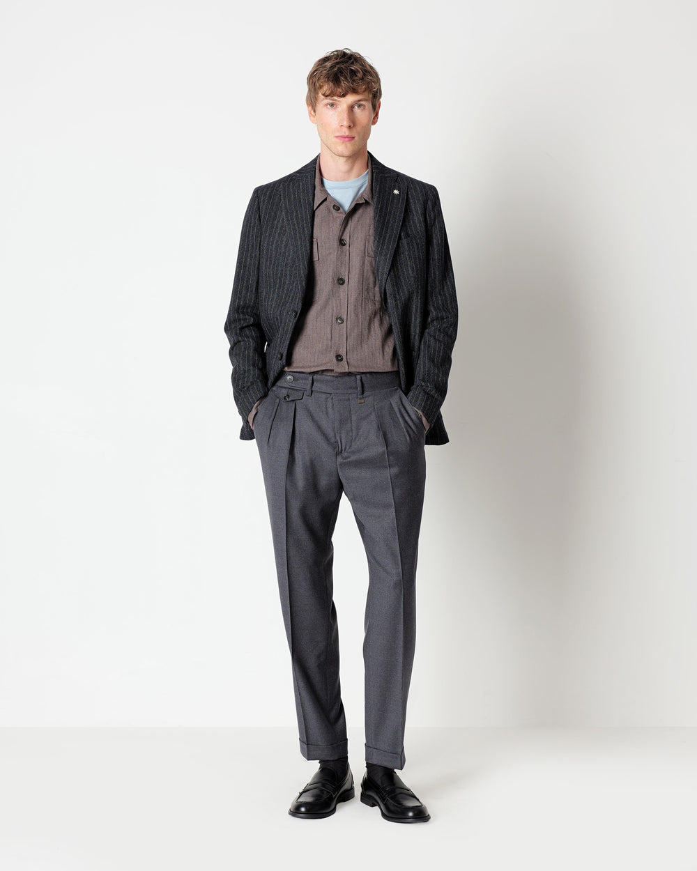 gray double pleat stretch wool flannel trousers