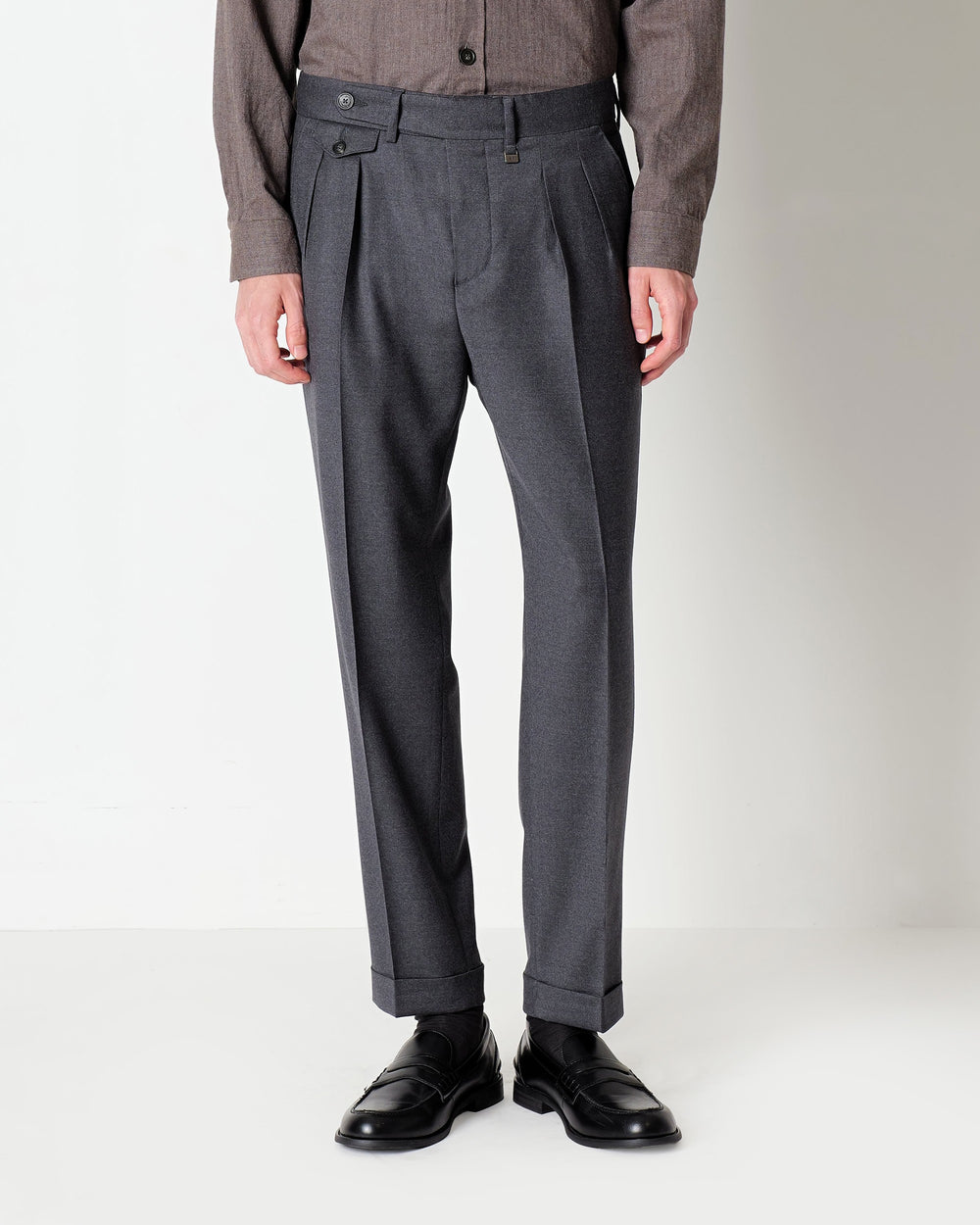 gray double pleat stretch wool flannel trousers