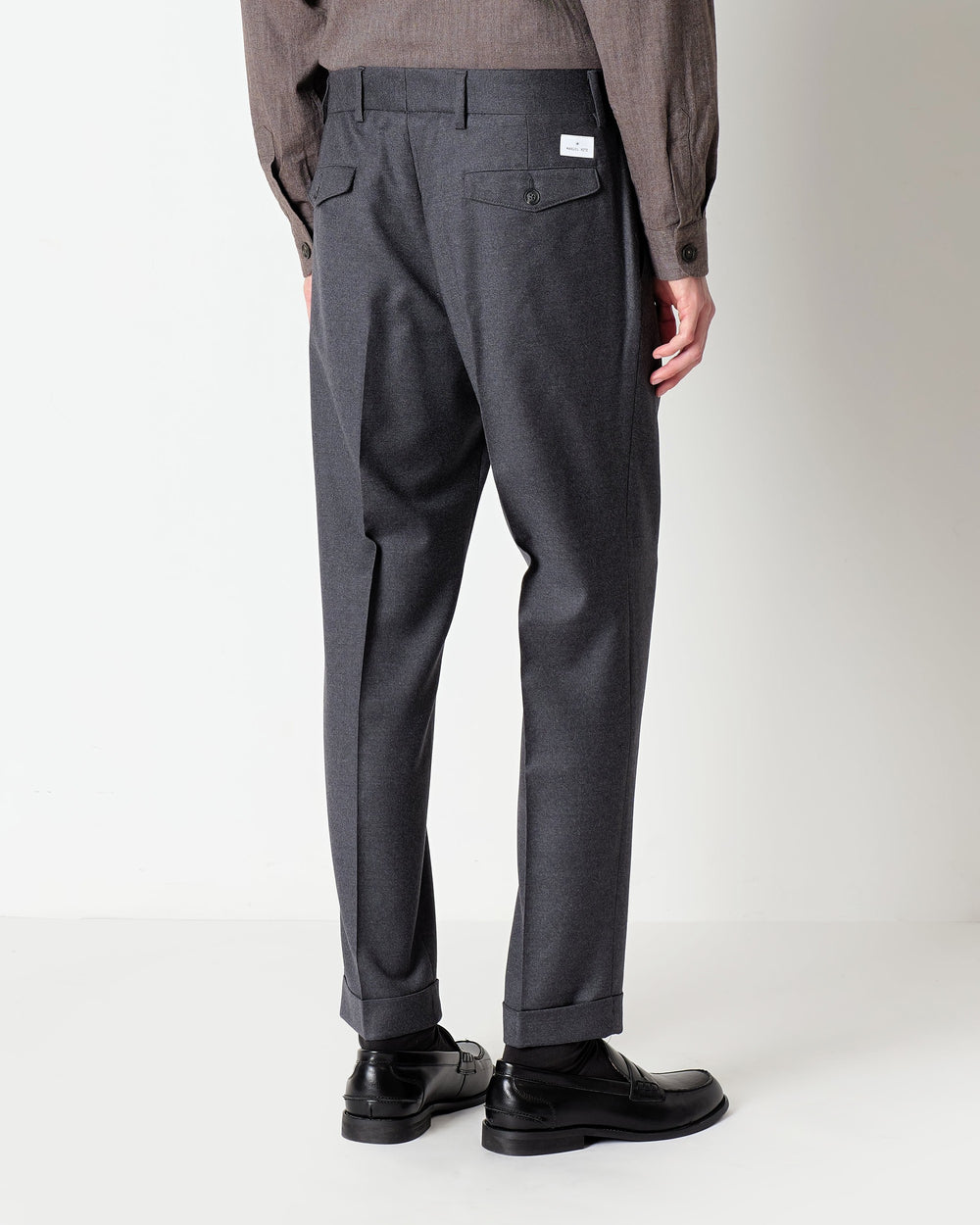 gray double pleat stretch wool flannel trousers