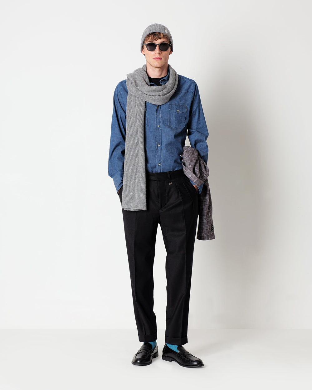 black double pleat stretch wool flannel trousers