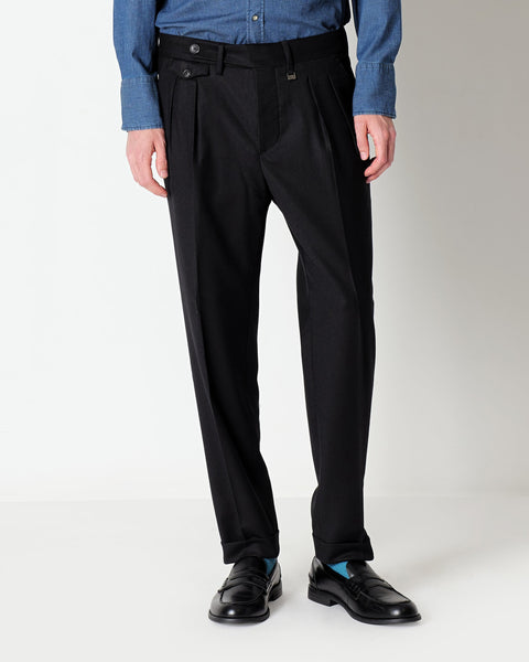 black double pleat stretch wool flannel trousers