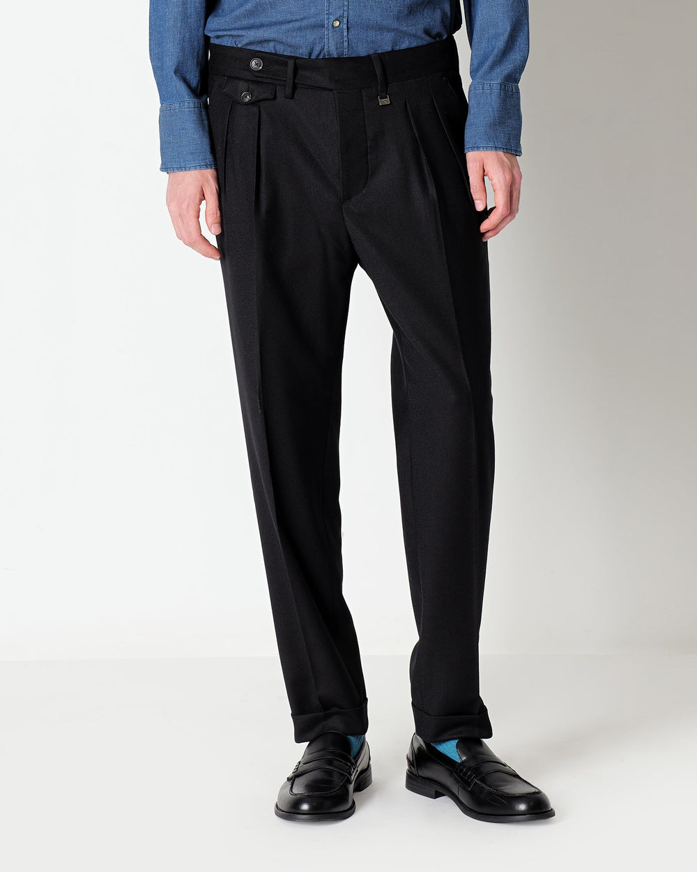black double pleat stretch wool flannel trousers