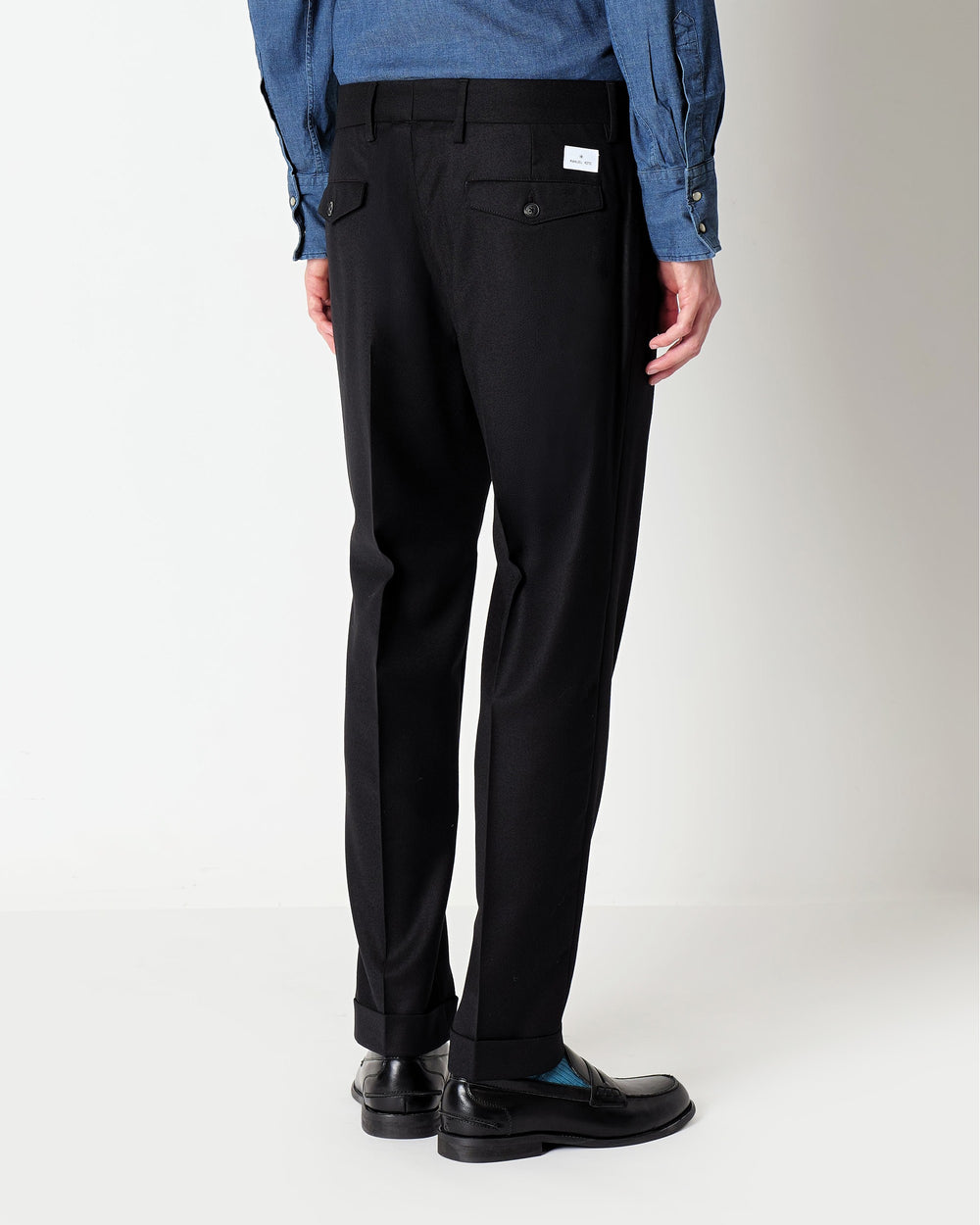 black double pleat stretch wool flannel trousers