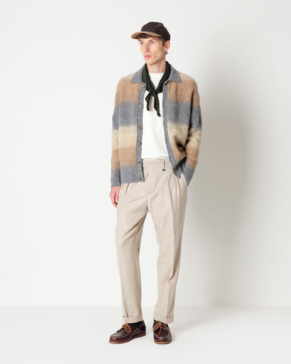 beige double pleat stretch wool blend twill trousers