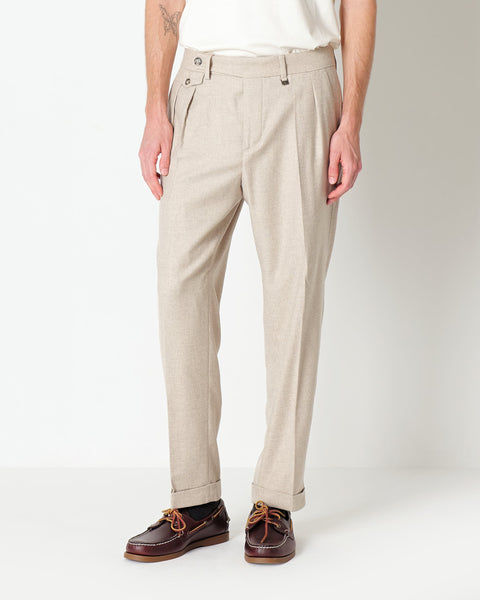 beige double pleat stretch wool blend twill trousers